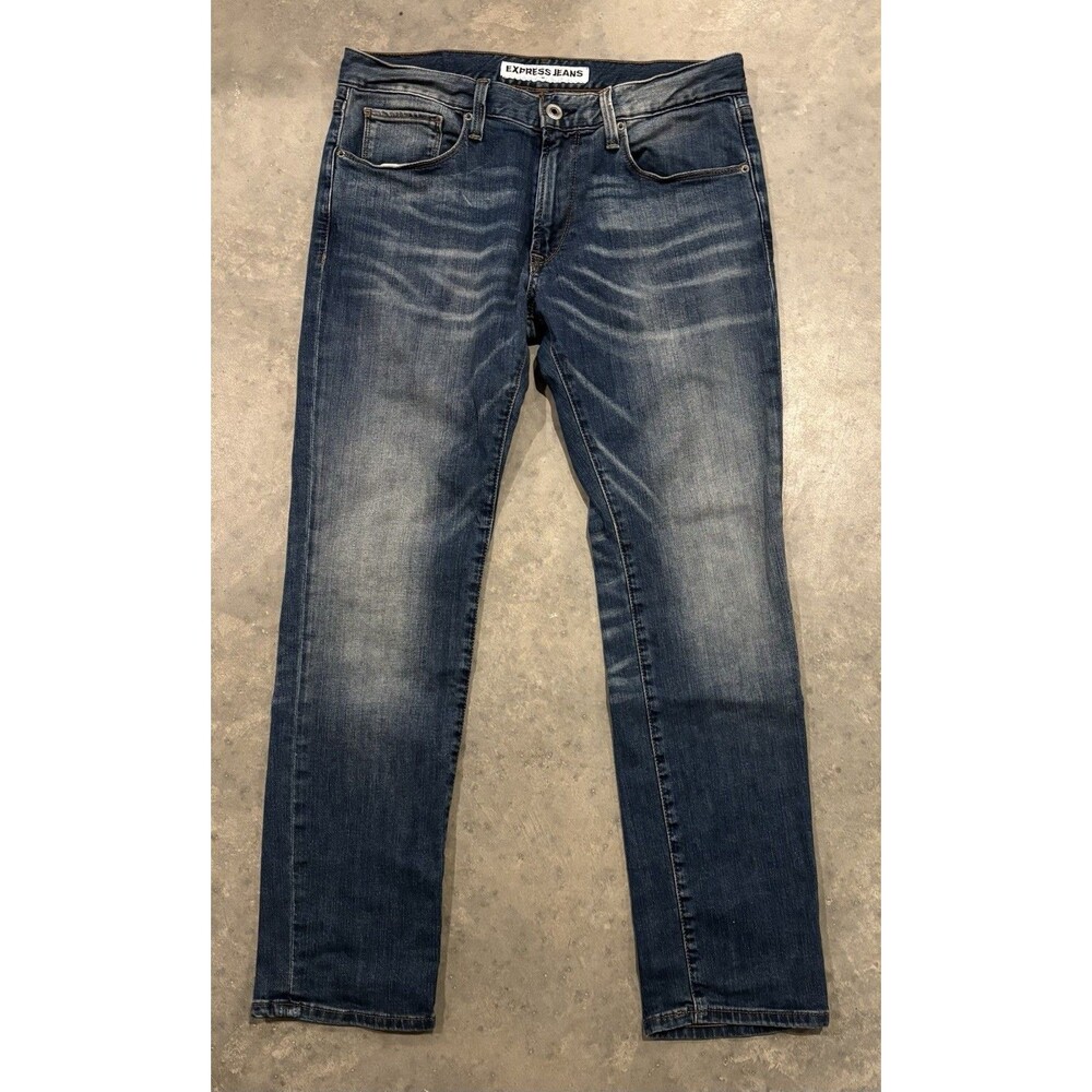 Express Men's 31 x 30 Rocco Slim Fit Skinny Leg Blue Jeans Whiskered Denim